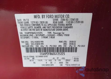 2014 Ford Taurus Limited from USA, damaged, VIN 1FAHP2F86EG125225